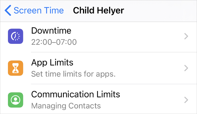 Screen Time setting options for child's Family Sharing account