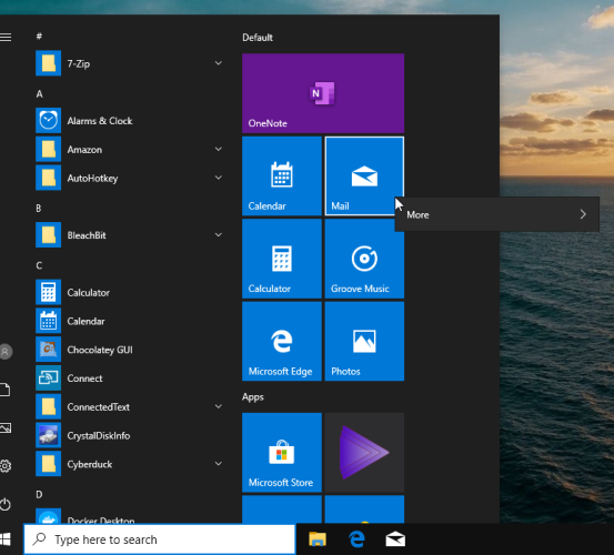 customized start layout in Windows 10