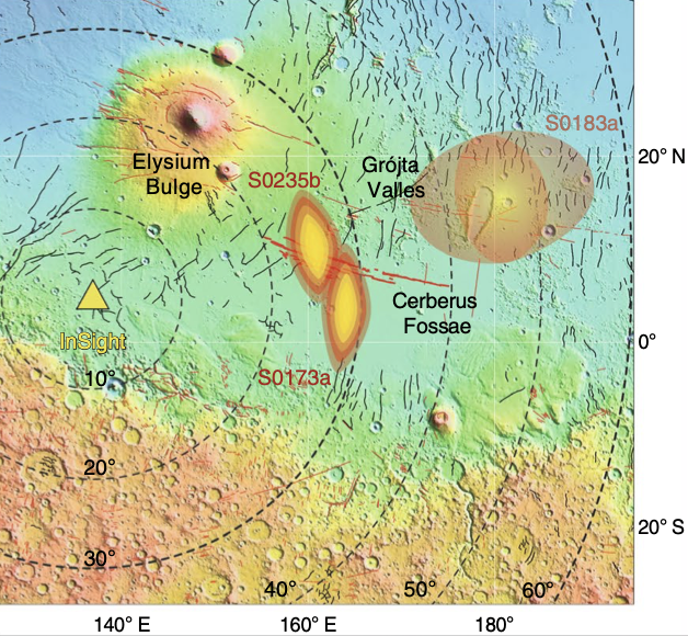 The likely locations of some of the marsquakes registered by InSight's instruments.