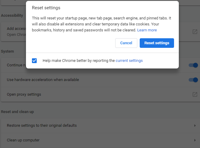 Chrome Restore Defaults