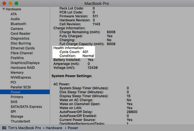 macOS System Report Battery Cycles
