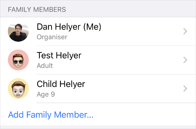 Family Members with Add Family Member option in iPhone Family Sharing settings
