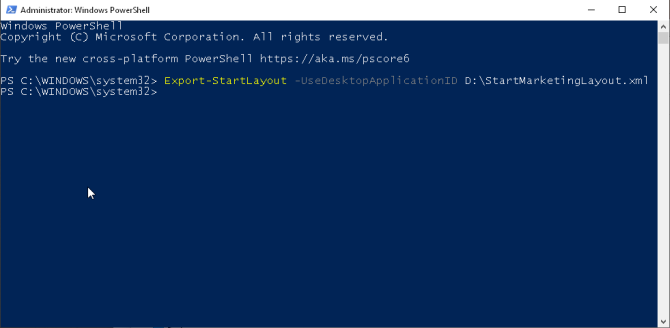 export start layout through powershell in windows 1809