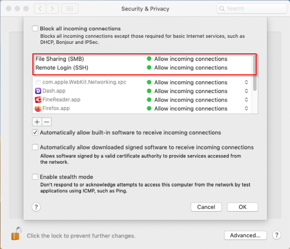 firewall options window