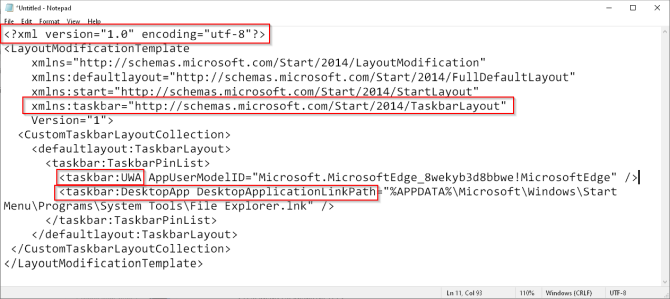 sample taskbar layout code in windows 10