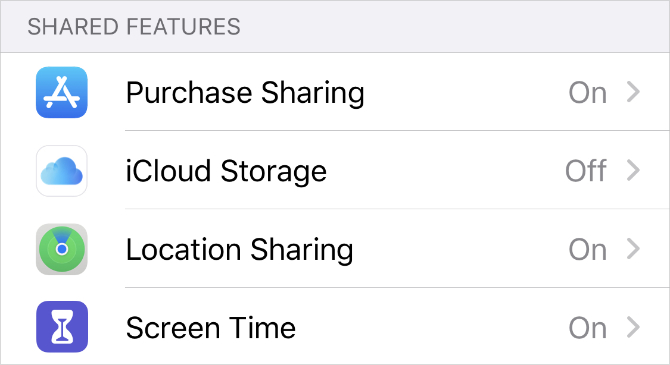 Family Sharing Shared Features settings on iPhone