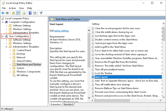 select start layout in local group policy editor