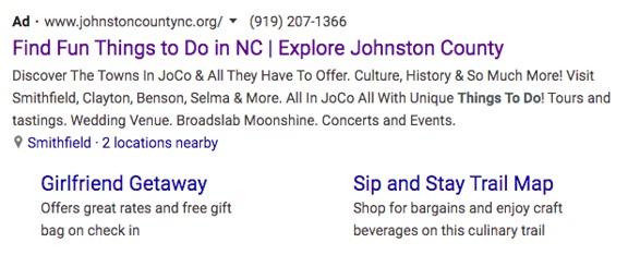 a Google Ads for the Johnston County Visitors Bureau 