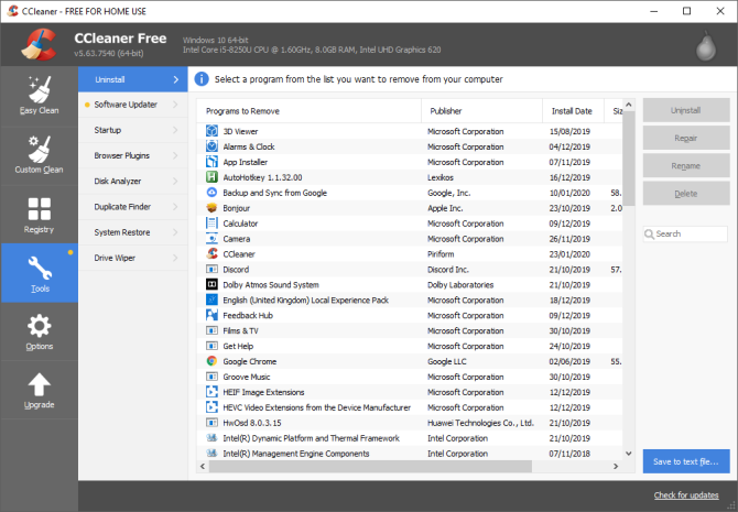 CCleaner installed programs