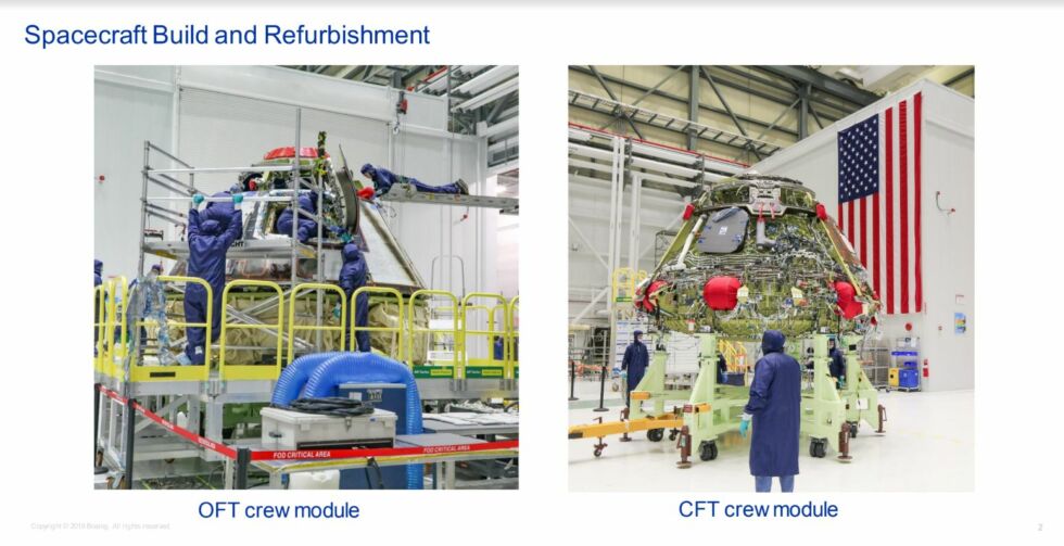 Boeing shared recent images of the Starliner used during December's test, left, and the vehicle being built for a crew test flight. 