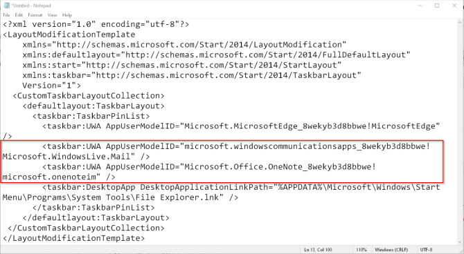 configured taskbar layout code