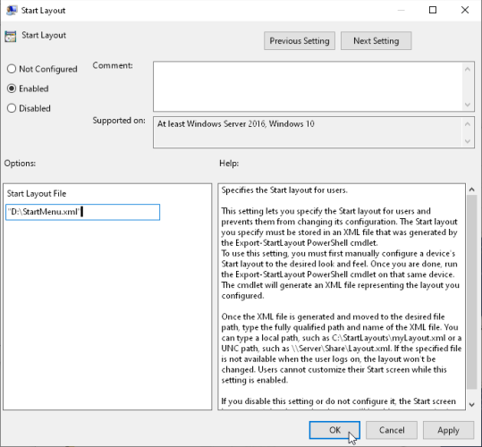 path to XML file in start layout options