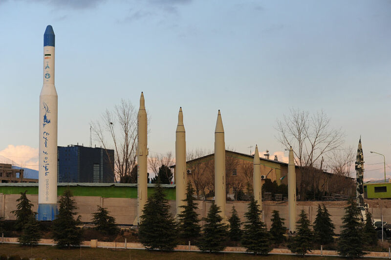 Replica Iranian missiles are shown alongside the Simorgh rocket, left, on display at the Holy/Sacred Defense Museum, a vast complex that commemorates the 1980s Iran-Iraq War, in Tehran, Iran, on February 3, 2016. 