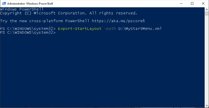 export start layout through powershell in windows 1803