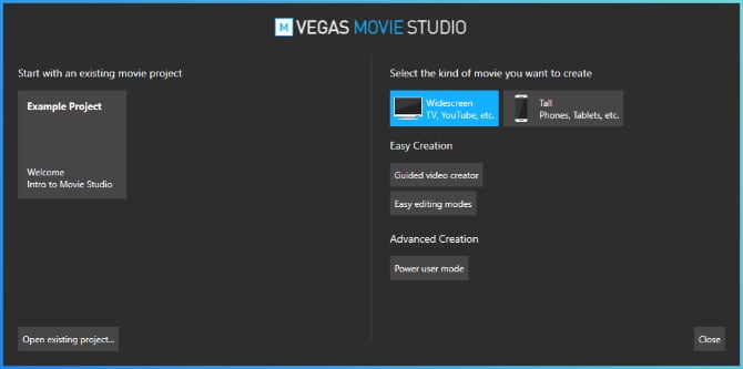 Starting a project in VEGAS Movie Studio