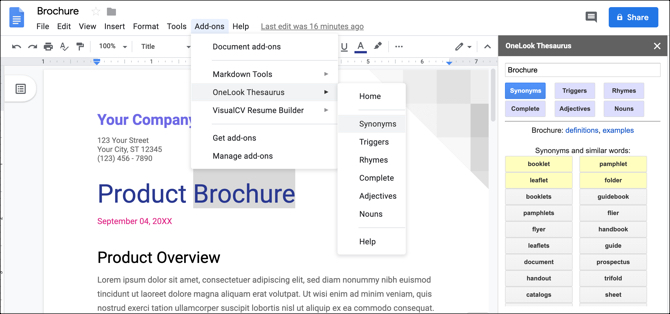 Google Docs OneLook Thesaurus