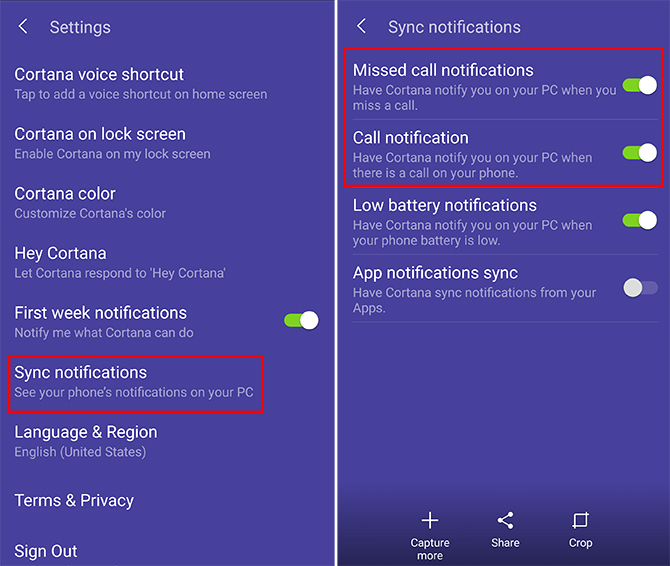 Incoming call alerts - Cortana settings