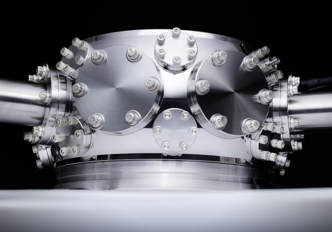 Honeywell's quantum computer uses ytterbium atoms trapped in this chamber, about the size of a football. Lasers manipulate the atoms to direct quantum computing calculations.
