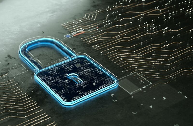 Illustration of a padlock on a computer circuit board.