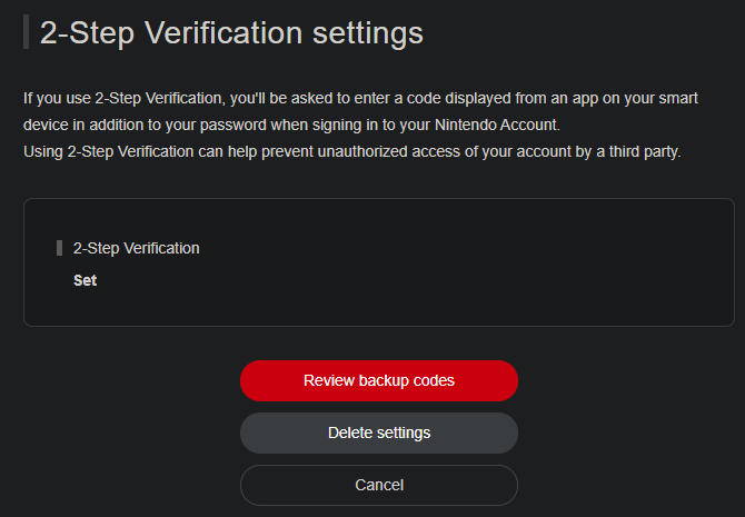 Nintendo 2FA Settings