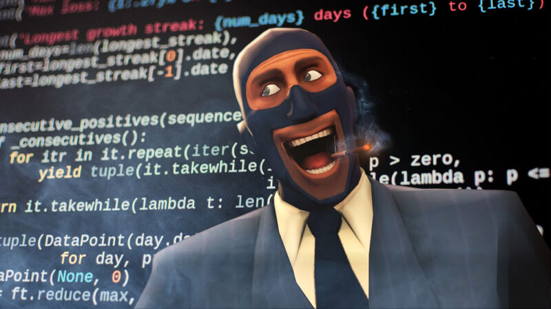 A gleeful video game character stands in front of huge screen of programming code.
