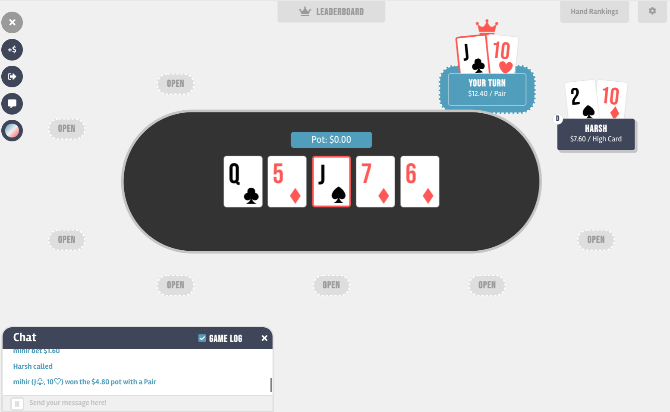 LiPoker is the fastest way to play a game of poker with friends, no signup or download needed