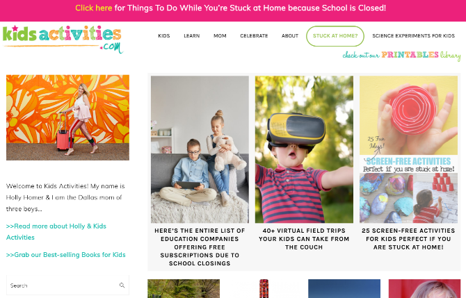 Kids Activities blog offers a variety of children's activities, including a stay-at-home survival guide during lockdown or quarantine