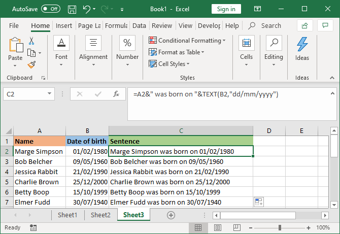 excel combined cell with text formula