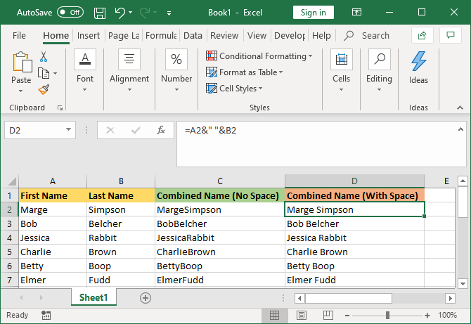 excel combined cells with space