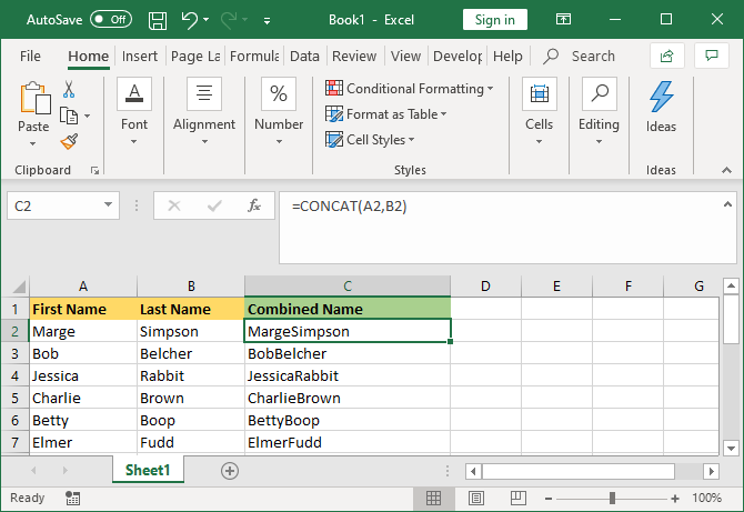 excel combined cells CONCAT
