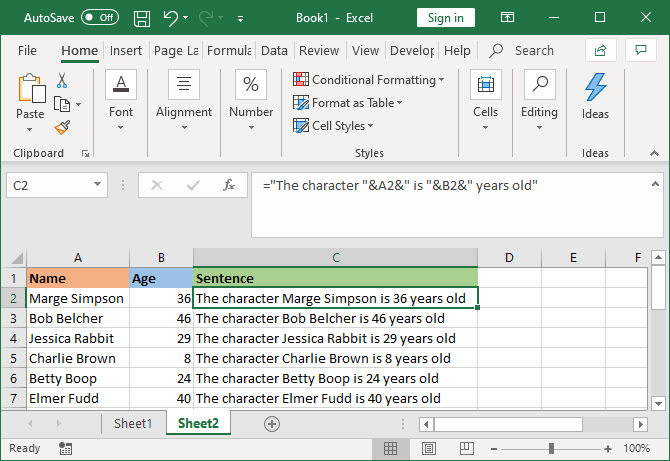 excel combined cells with additional text