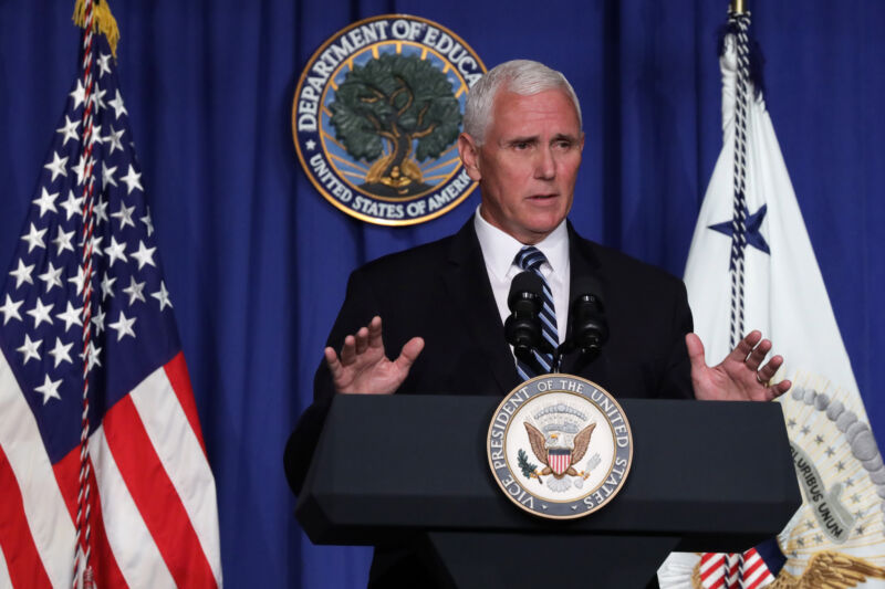 WASHINGTON, DC - JULY 08: U.S. Vice President Mike Pence speaks during a White House Coronavirus Task Force press briefing at the U.S. Department of Education July 8, 2020 in Washington, DC. 
