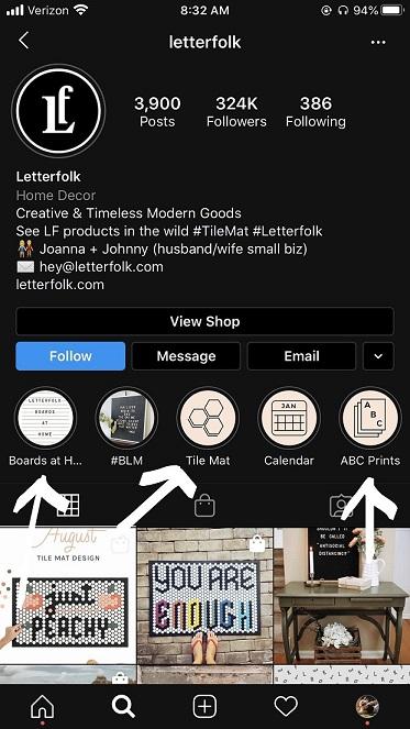 Instagram Story Highlights on Letterfolk's profile
