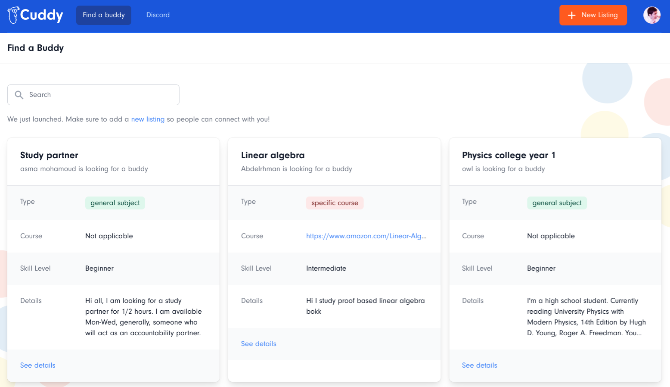 Cuddy's find a study partner page to take online courses with