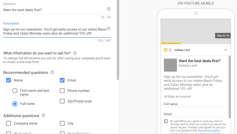 holiday youtube video ad tips youtube lead gen forms