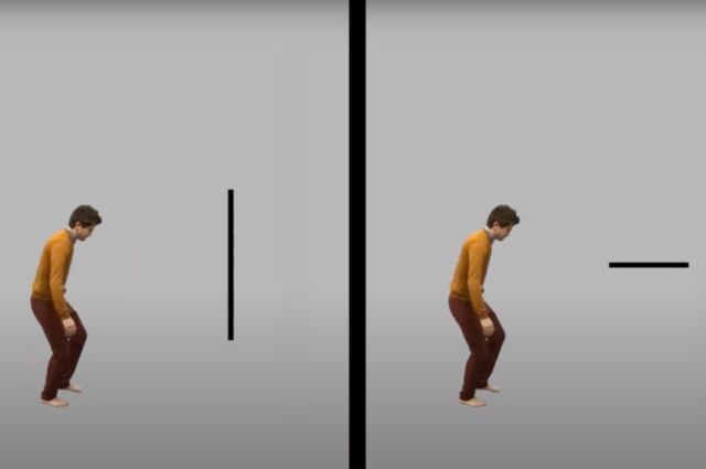 In the first experiment, subjects watched a video in which an actor collided with an invisible wall or stepped onto an invisible box. Then a line appeared, and subjects were asked to report the line's orientation.