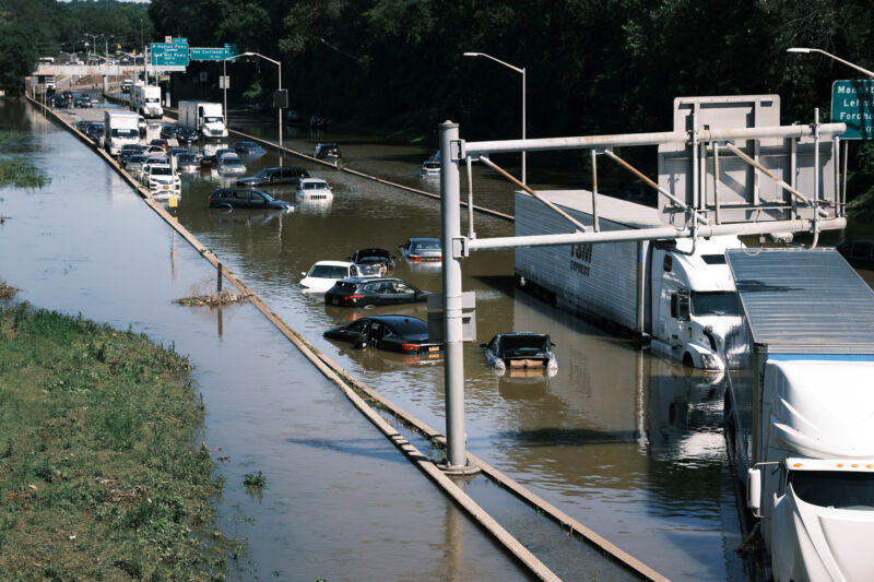 Cars sit abandoned on the flooded Major Deegan Expressway in the Bronx following a night of heavy wind and rain from the remnants of Hurricane Ida  on September 02, 2021, in New York City.